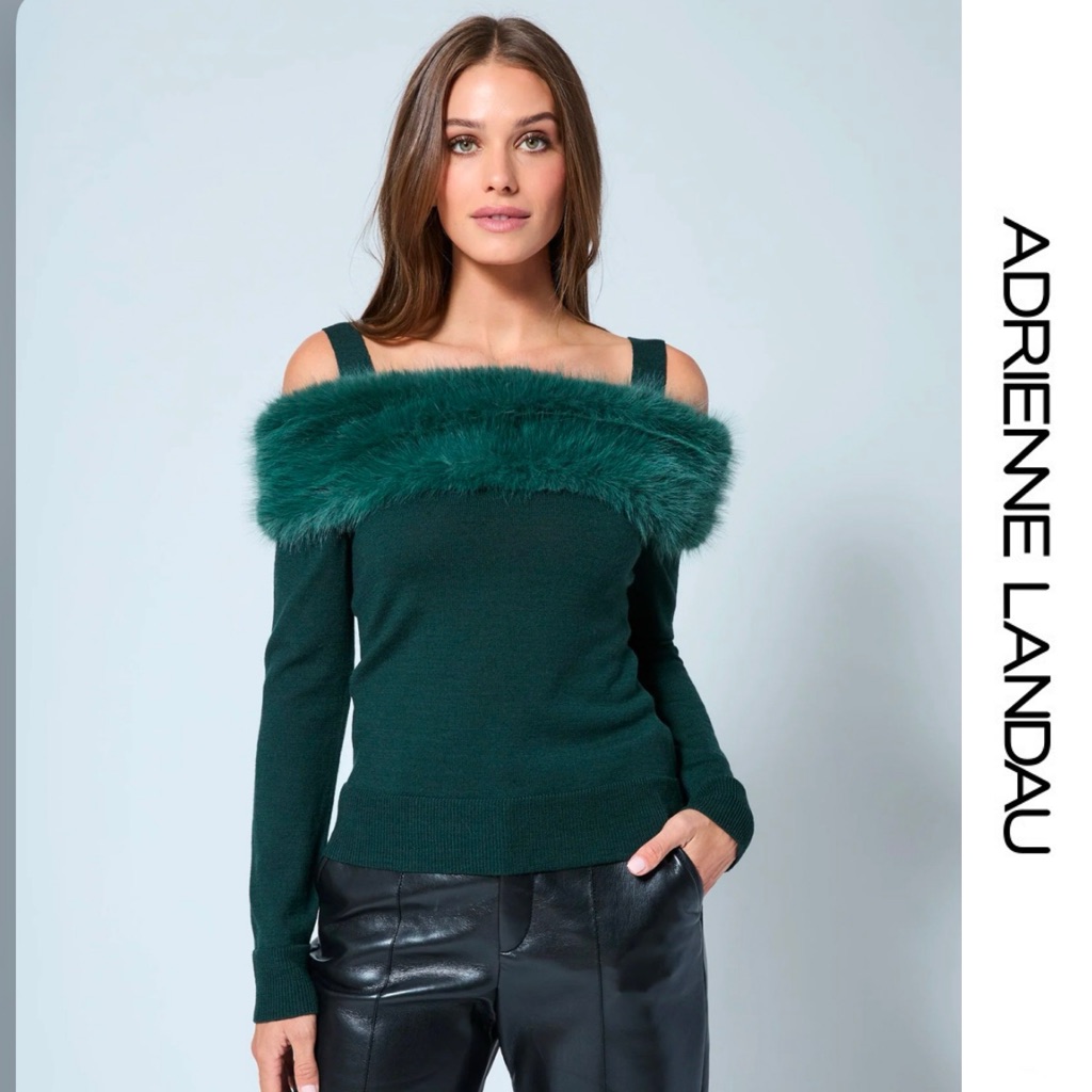 Adrienne Landau - Removable Faux Fur Off Shoulder Emerald Green Sweater Xl